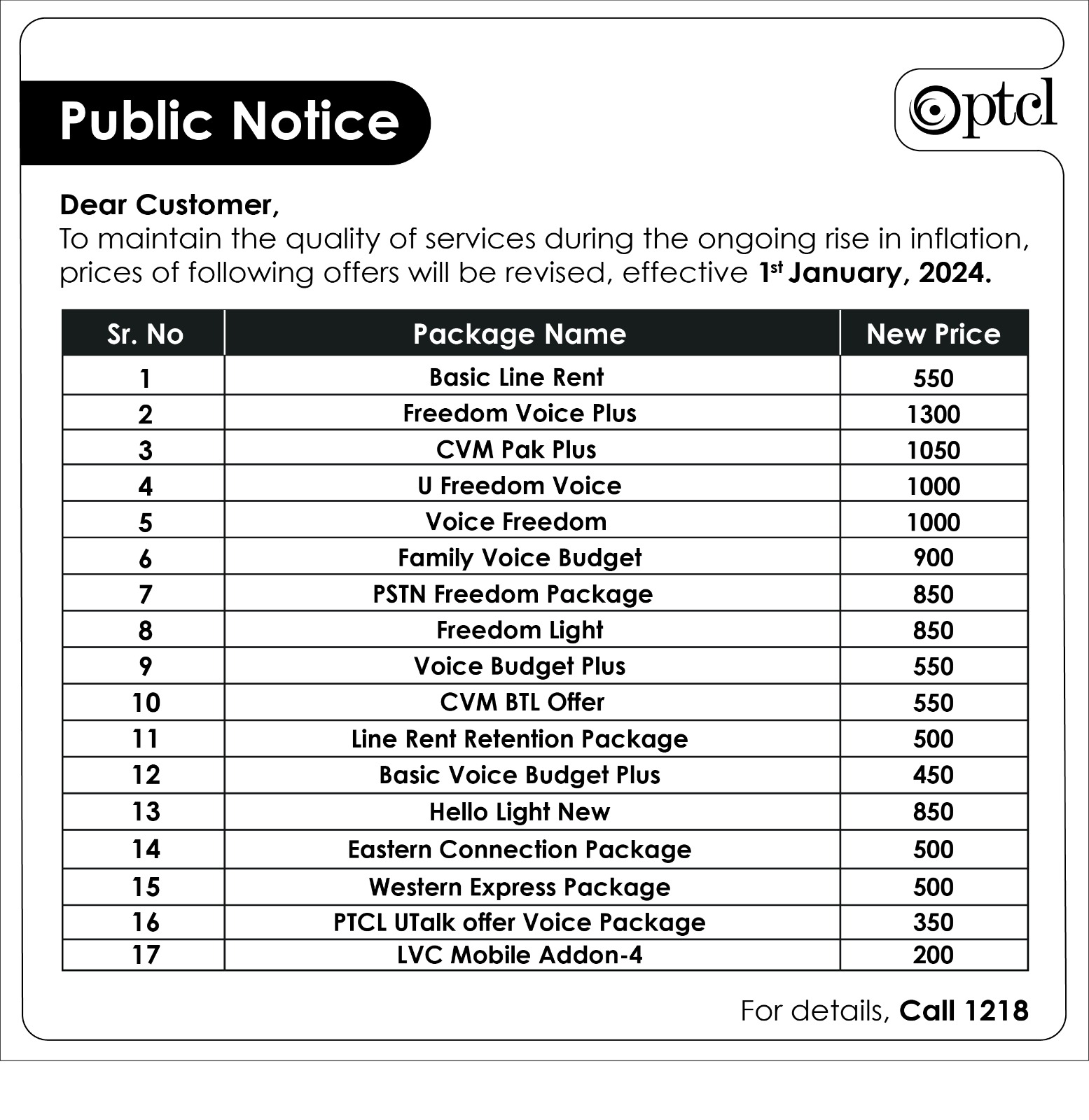 Public Notice Voice Package Price Up 2024